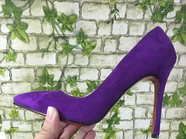 

Big Discount NEW women high heels flock pointed toe thin heels purple pumps classics shallow super high shoes 12cm