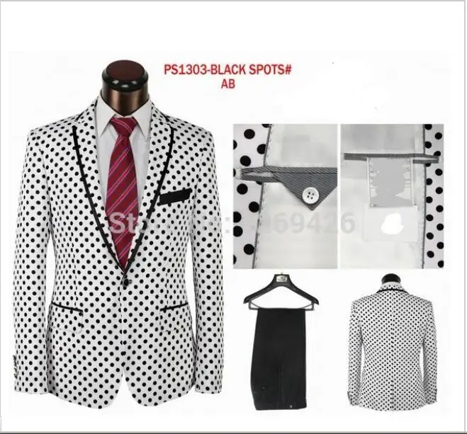 

2017 hot sale high quality fashion brand Polka Dot men dress suits party suits wedding suits white black color( jacket+Pant+tie)