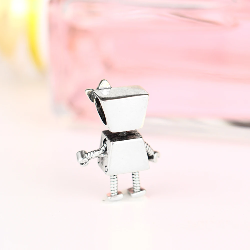 Очаровательный браслет Pandora, 925 пробы, серебряный, робот, шарм, розовая эмалированная бусина, сделай сам, ювелирное изделие для женщин, аксессуары Berloque