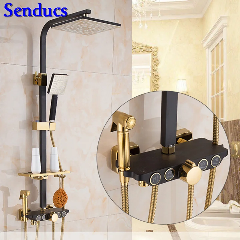 

Senducs Hot Sale Black Gold Shower Set Quality Brass Bathroom Shower Faucet Square Rain Shower Head Four Button Black Shower Set