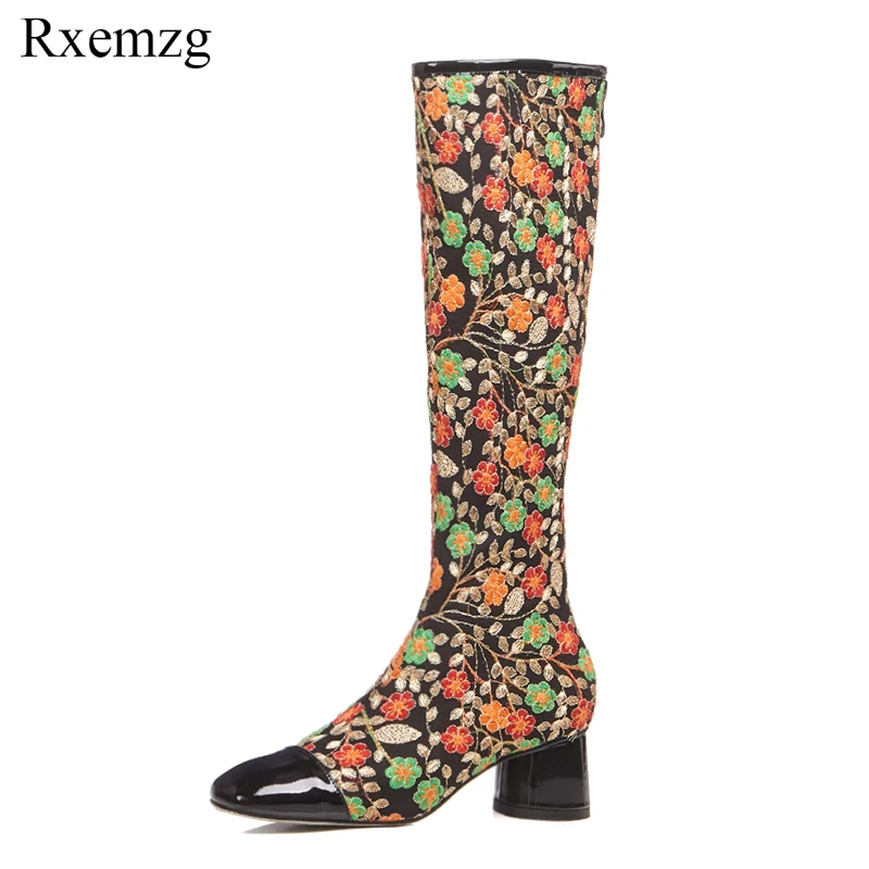 

Rxemzg plus size 33-42 fashion shoes womens winter boots leather knee high boots high heels embroider flowers long boots zipper