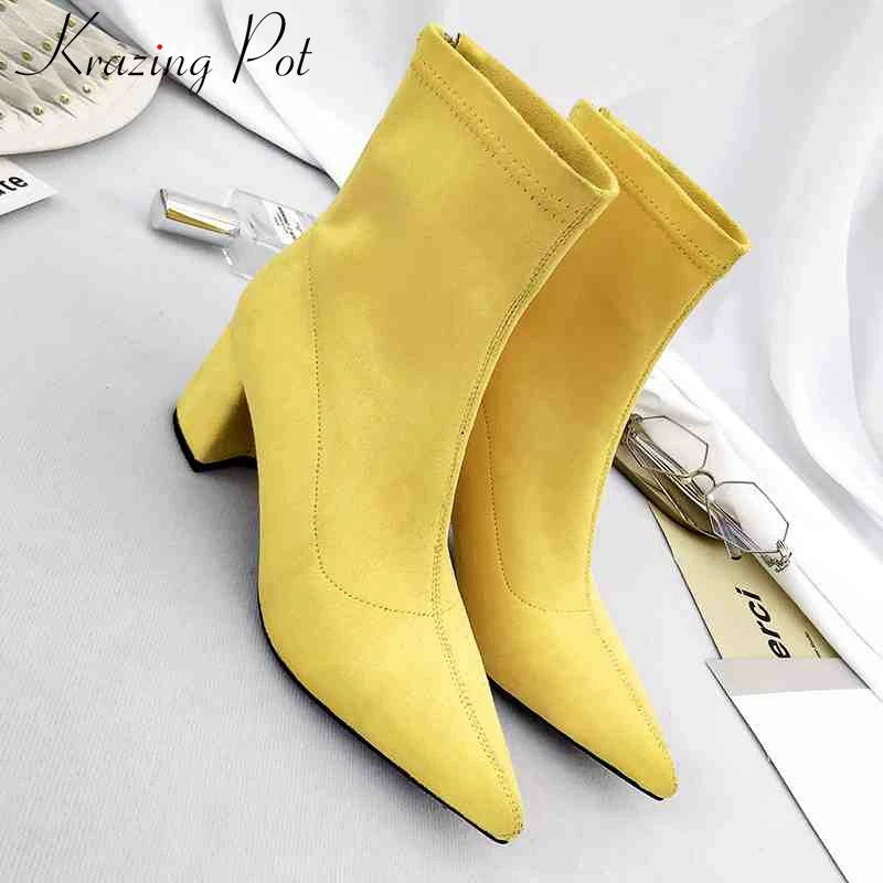 

Krazing pot high quality velvet flock Korean style ankle boots square heels brand women shoes pointed toe motorcycles boots L52