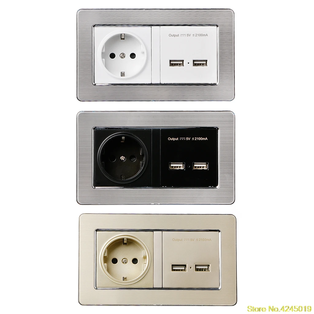

High Quality Wall Socket EU Standard Power Outlet With Dual USB Charge Port For Mobile 5V 2.1A Output Stainless Steel Panel