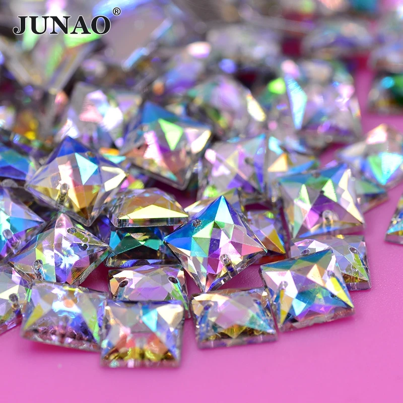 JUNAO 10mm 500pcs Crystal AB Sewing Flatback Rhinestones Square Acrylic