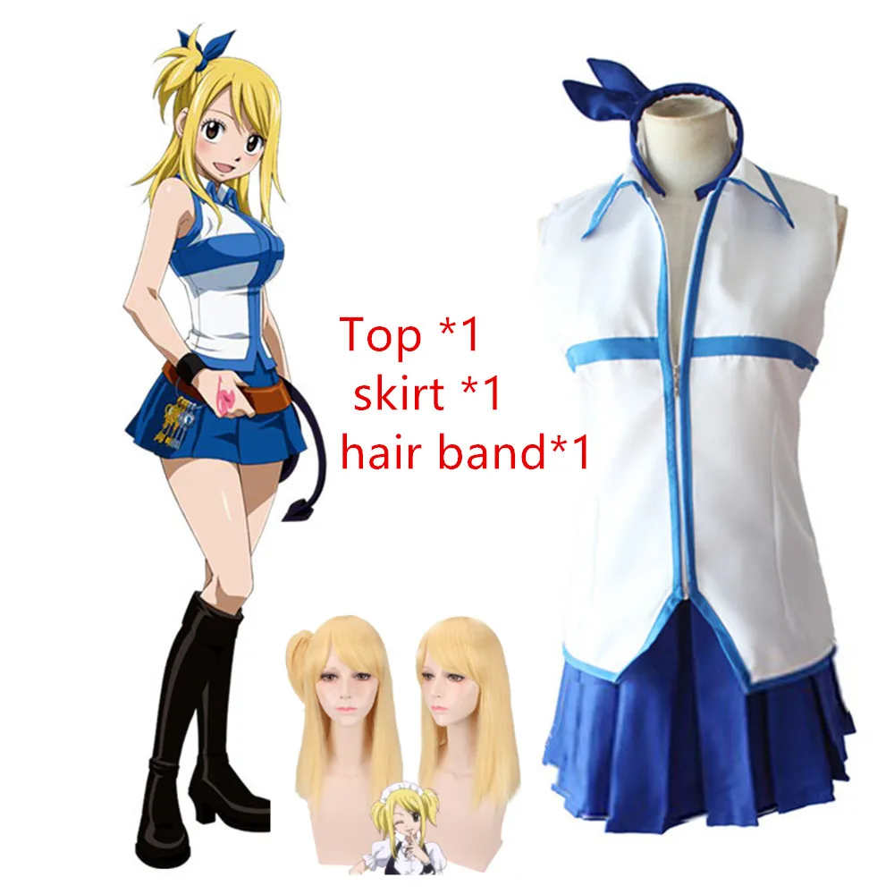 Хэллоуин вечерние платье костюм аниме для косплея «Fairy Tail», «Косплэй Для женщин девочек школьная форма Fantasia Люси хартфилия костюм парик