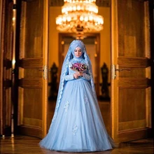 Blue Muslim Wedding Dress Formal Long Sleeve Islamic Arabic Bridal Gown Luxury Applique Hijab Vestido De Noiva Wedding Gowns