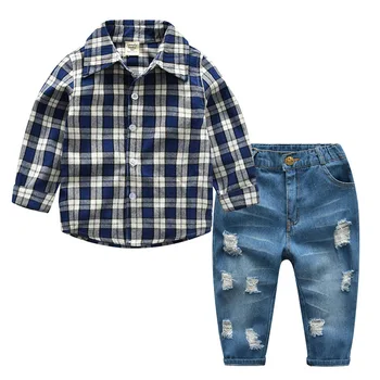 

2 Pieces Children Boys clothing sets 2019 Spring Casual Plaid Tops shirt +Jeans Handsome Kids Boys Clothes Outfits