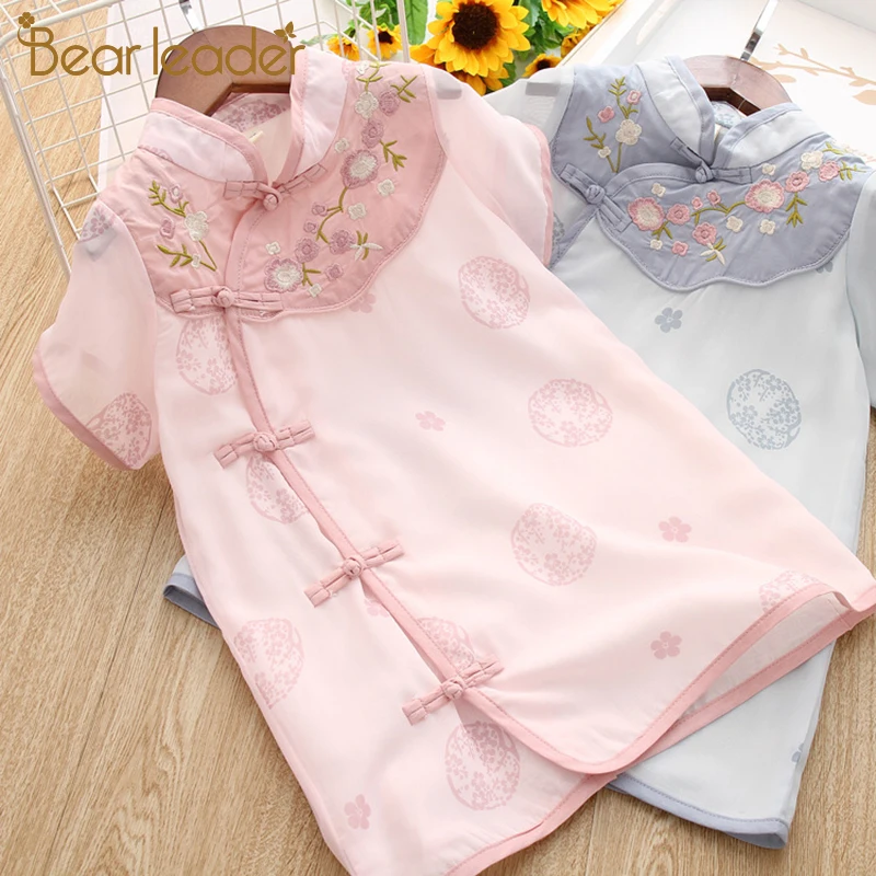 

Bear Leader Girls Dresses 2019 Summer Stand Collar Buckle Crossbody Flower Embroidery Children's Dress Kids Dresses For Girls