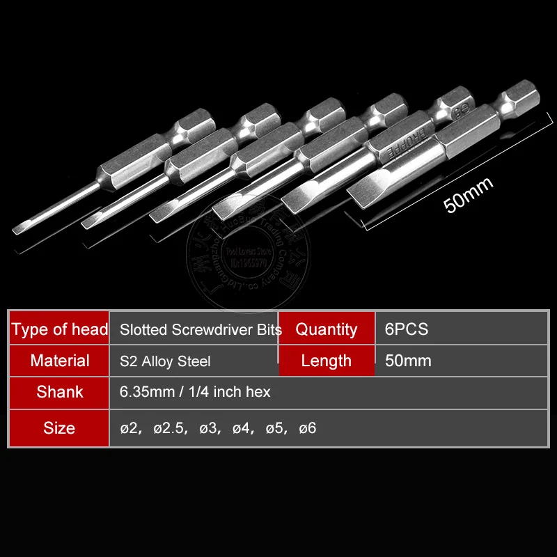 6 шт. 50 мм шлицевые отвертки биты 2 мм-6 мм S2 легированная сталь магнитный плоский наконечник с прорезью отвертки биты 1/4 дюймов шестигранный хвостовик