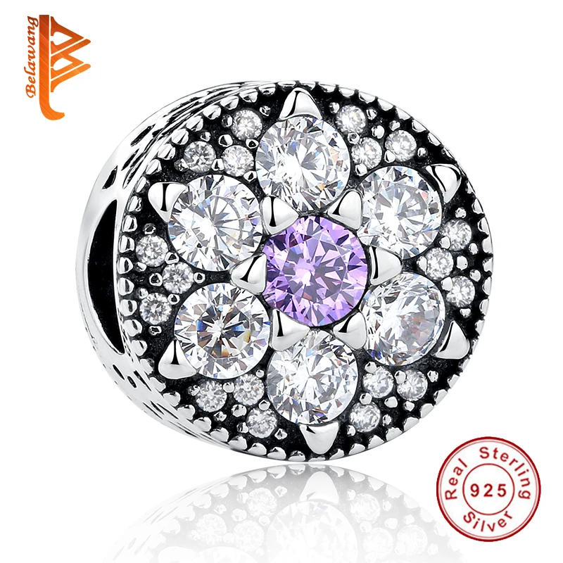 

BELAWANG 925 Sterling Silver Round Charm with Sparking Crystal For Women Luxury Bead Jewelry Fit Original Charm Bracelet Bangle