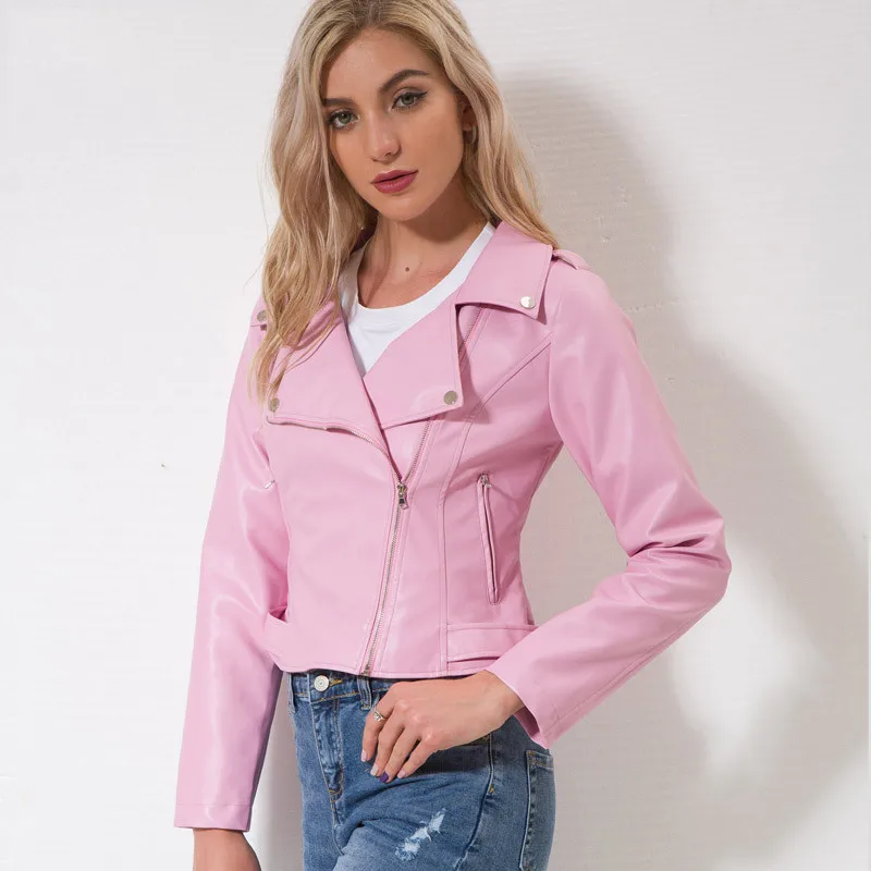 Pink Leather Jacket Women New Autumn Fashion Short Slim Zipper Pockets Waterproof Moto PU Faux Leather Coat Feminina LR267