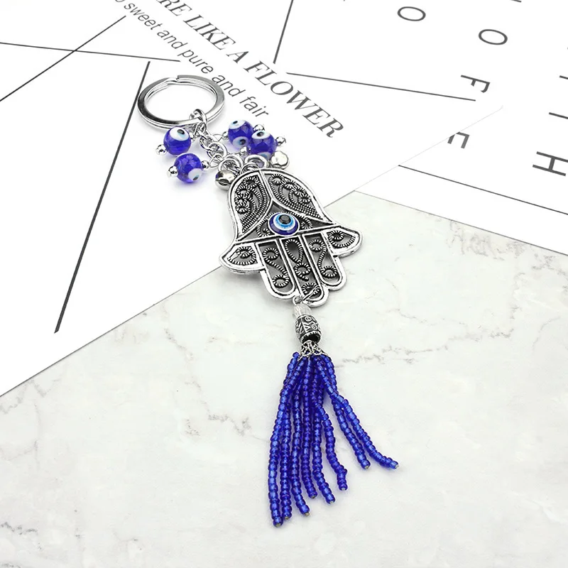 

Lucky Hamsa keychain tassel wall hanging Pendant evil eye amulet kabbalah hand Fatima Glass Keyring 21.5cm