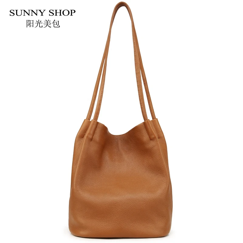 SUNNY SHOP American Fashion Elegant 100% Genuine Leather Handbags Small Women Shoulder Bag Solid Bucket Bag Natural Skin Cowhide