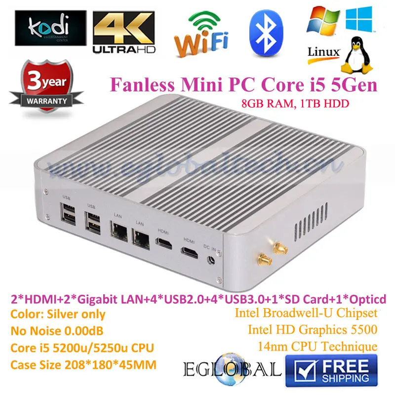 3-Year-Warranty Pc Portable Mini Computer Intel Core i5 5200u 2.2G Fanless Mini ITX PC Gaming Desktop Computer 8GB RAM 1TB HDD