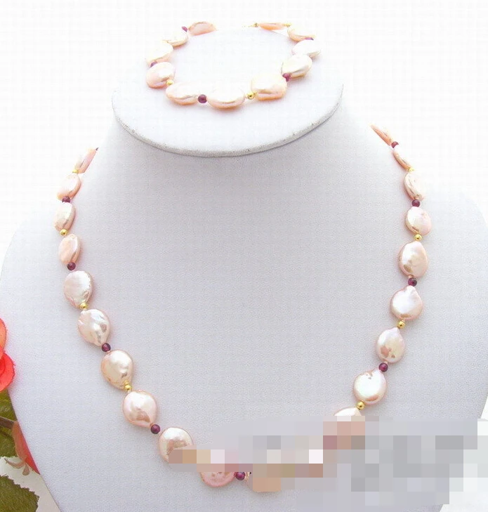 

free shipping 07746 Pink Coin Pearl&Garnet Necklace&Bracelet-Set (A0513)