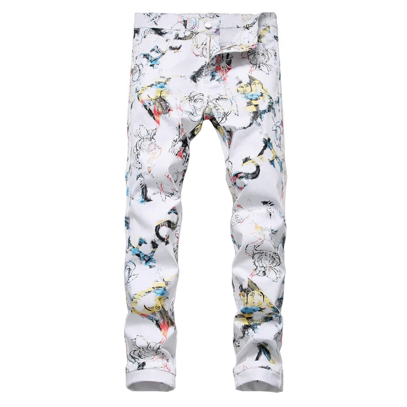 Sokotoo Men's flower character 3D printed white jeans Fashion slim fit stretch pants Sokotoo Men's flower character 3D printed white jeans Fashion slim fit stretch pants