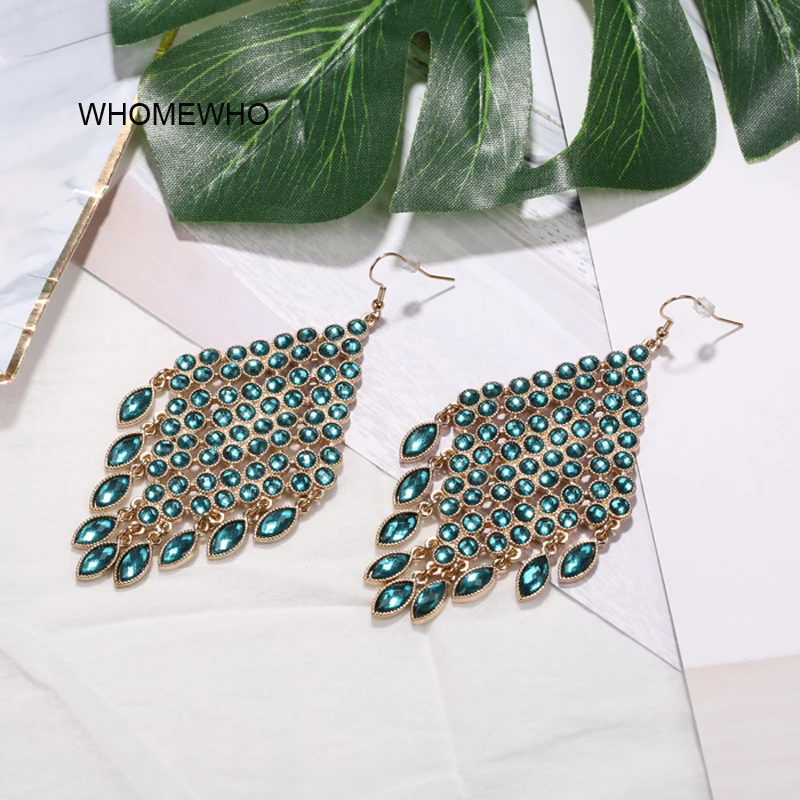 

2018 Gold Alloy Metal Geometric Indian Green Rhinestones Earrings Fashion Women Summer Bridal Wedding Party Jewelry