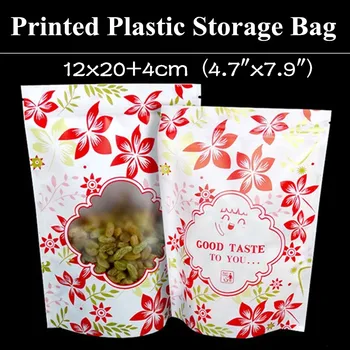 

50pcs 12x20+4cm (4.7"x7.9") Stand up Color Printed Plastic Packaging Bag Red Leaf Clear Window Recloseable Plastic Zip Pouch