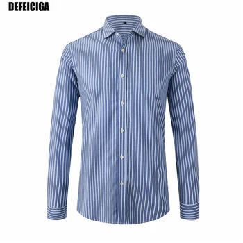

2019 DEFEICIGA New Men Turndown Collar Long sleeve Non-Iron dress Blue striped shirts Regular fit male tops 024