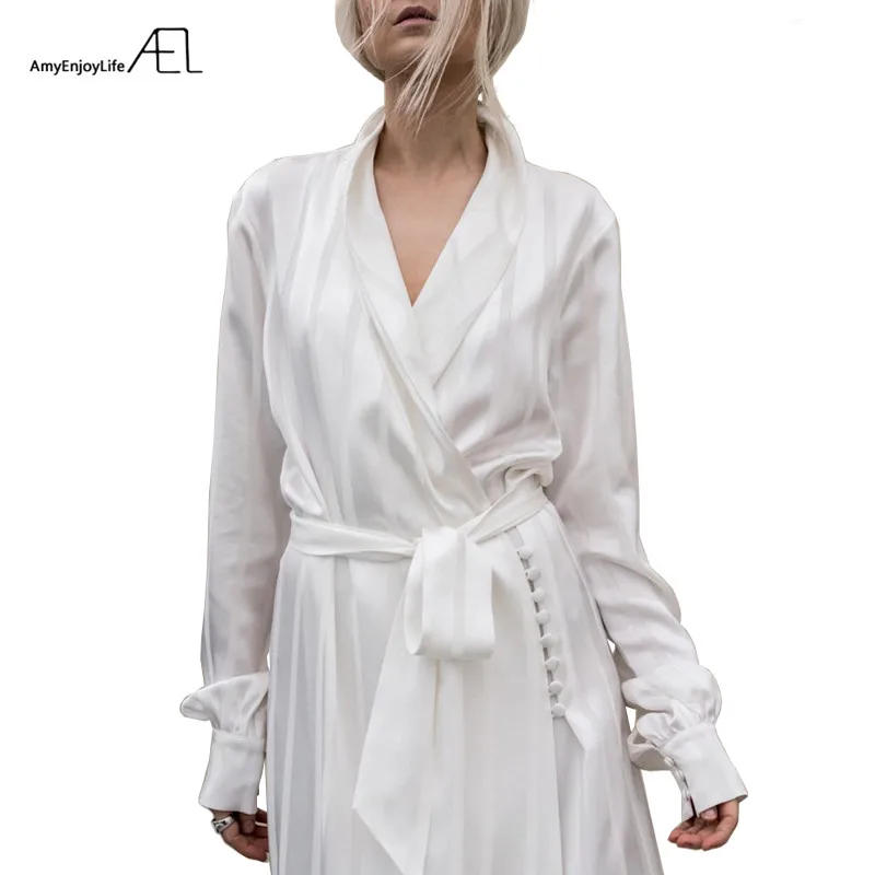 

AEL Striped Satin Pajamas Style Loose Women Dress 2018 Celebrity Robe Femme White Casual