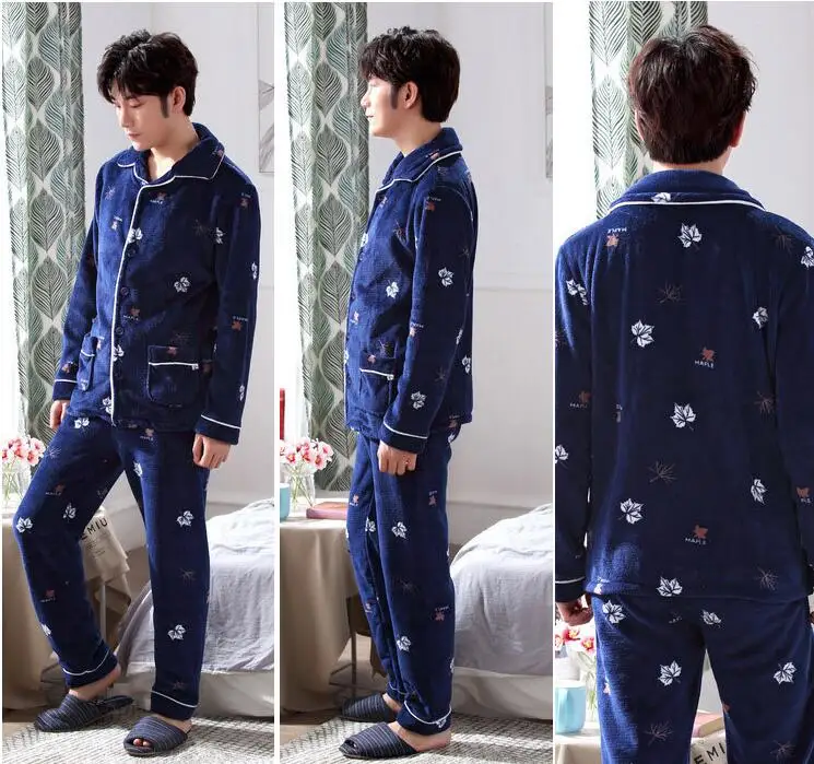 Fashion Brand Luxury Winter Pajamas Men Sleepwear Thick Warm Coral Fleece Mens Pajama Set Male Nightwear Leisure Home Clothing