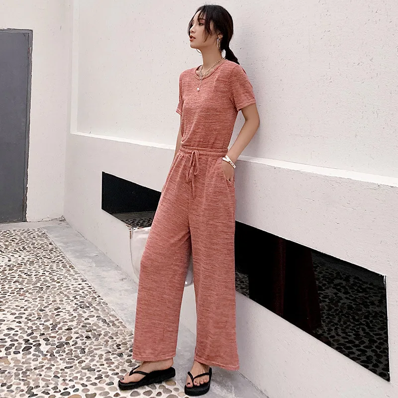 

Casual sports short-sleeved T-shirt top wide-leg pants loose pink two-piece set women's tracksuits summer outfits Home Suit