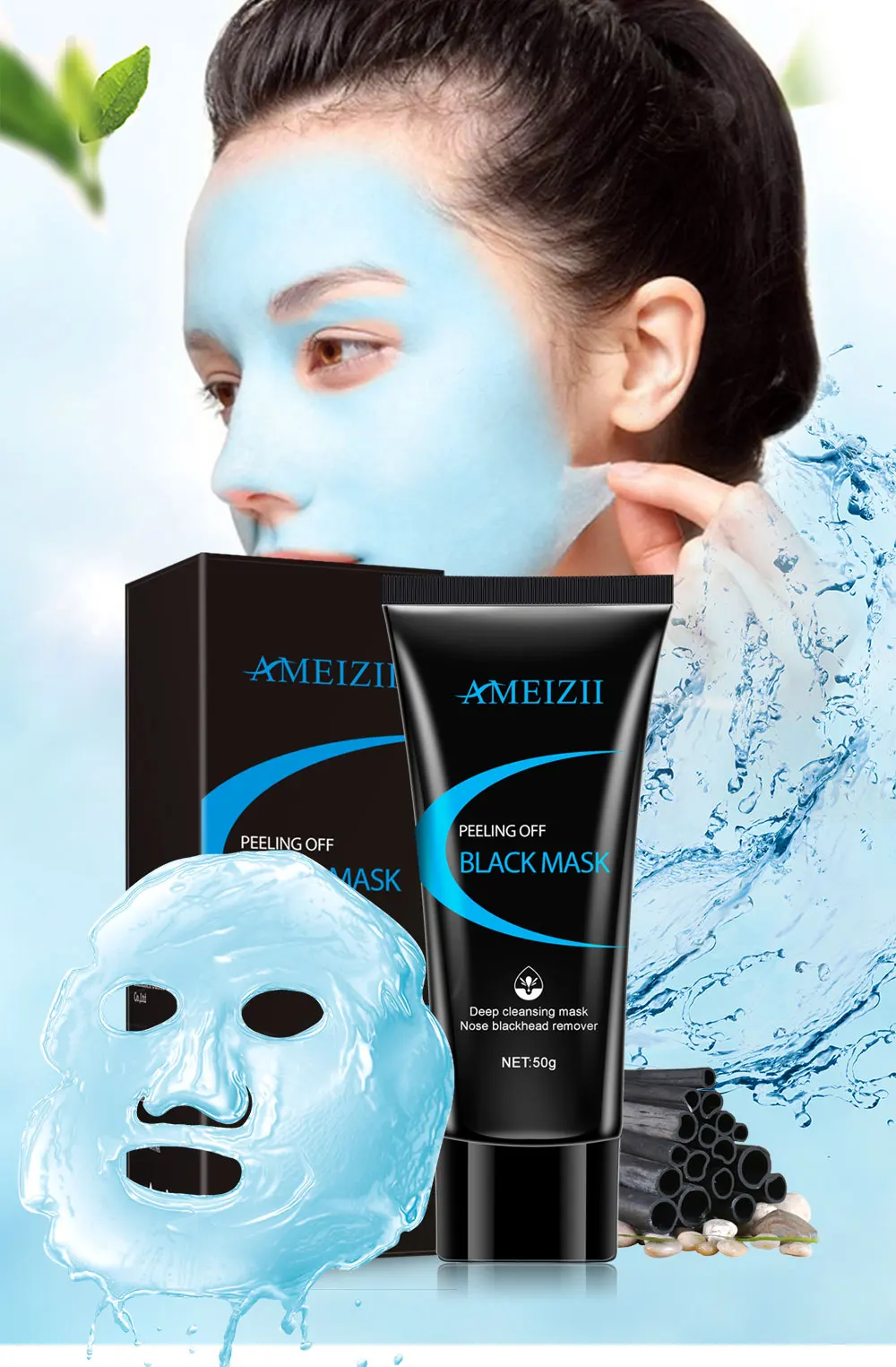 Ameizii Blue Facial Peel Off Black Mask Korean Skin Care Blackhead Face Charcoal Masks Dots Remover Acne Treatment Shrink Pores