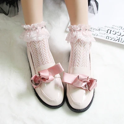 Японские Лолиты Kawaii Носки нейлон кружевные короткие носки бисером кружева принцесса милые девушки тонкие носки женские носки - Цвет: Beading pink sock