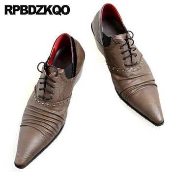 

Brown Brand Lace Up Oxfords Runway Large Size Stud Rivet Genuine Leather Men Pointed Toe Dress Shoes High Heel British Style