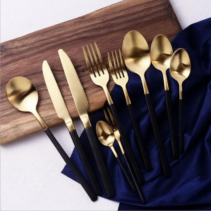 

Luxury Stainless Steel Set Black Handle Cutlery Set Matte Gold Knife Fork Dinnerware Tableware