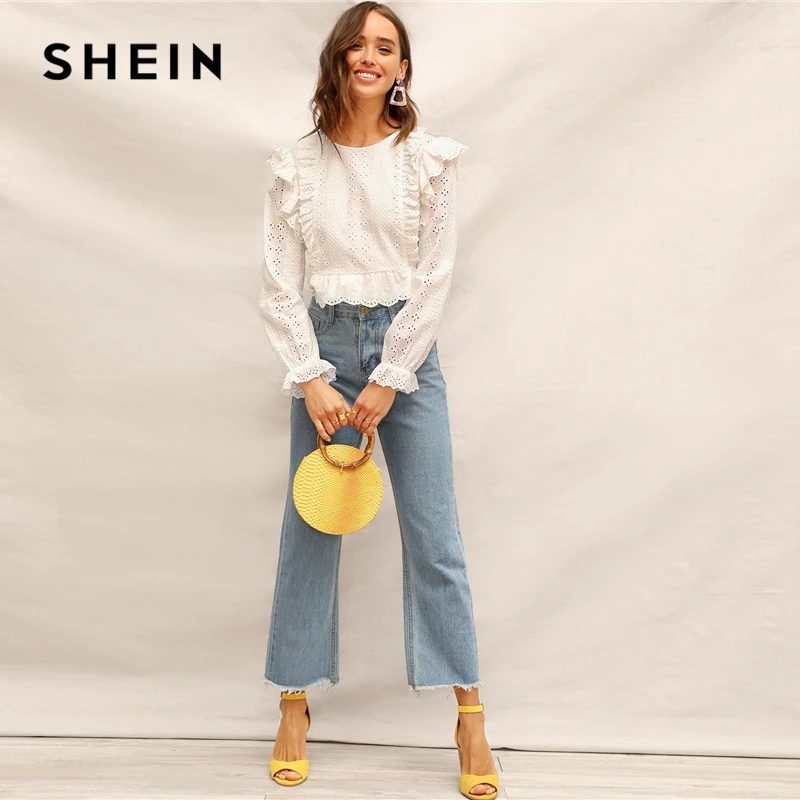 SHEIN Топ С Вышивкой И Оборкой Женская Весенняя Белая Повседневная Блузка С Длинными Рукавами И Круглым Вырезом