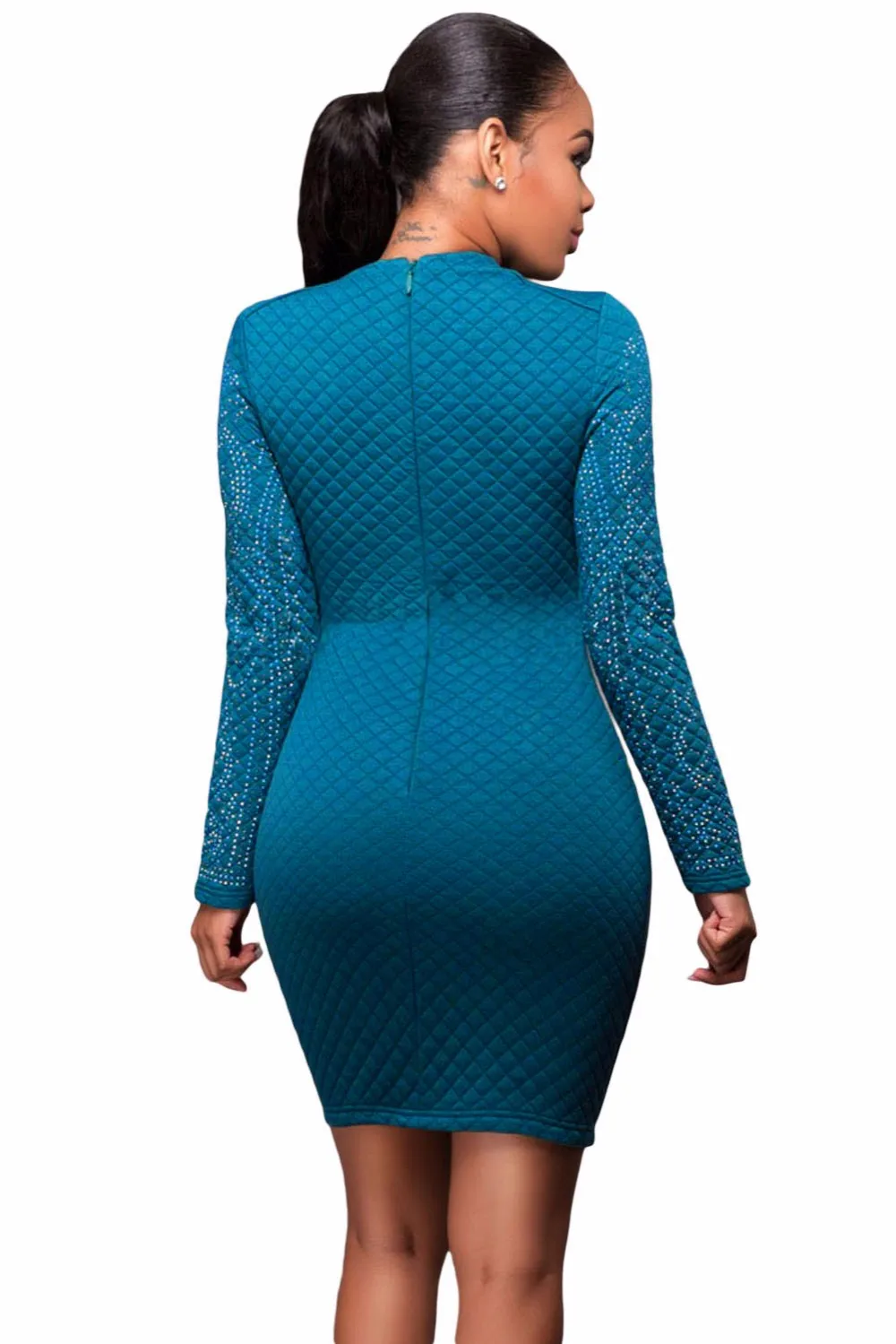 Blue-Mini-Jeweled-Quilted-Long-Sleeves-Dress-LC22838-5-2
