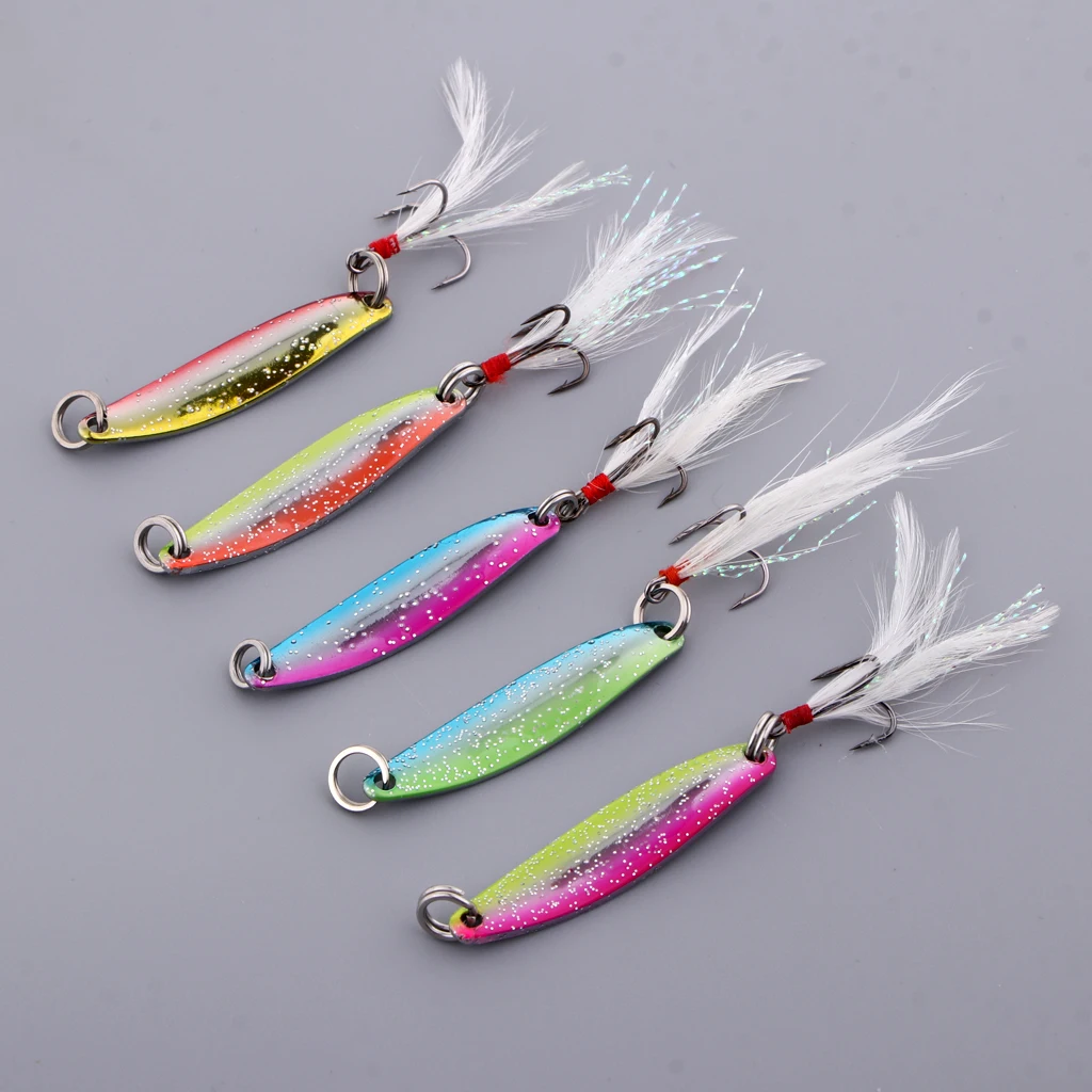5pcs Spoons Hard Fishing Lures Treble Hook Salmon Bass Metal Fishing Baits Mixed Color 5g/8g/14g/17g