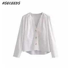 2018 летние винтажные v-образным вырезом Длинные рукава белая блузка женские рубашки кнопки дамы Офис Носите свободную верхнюю blusas уличная
