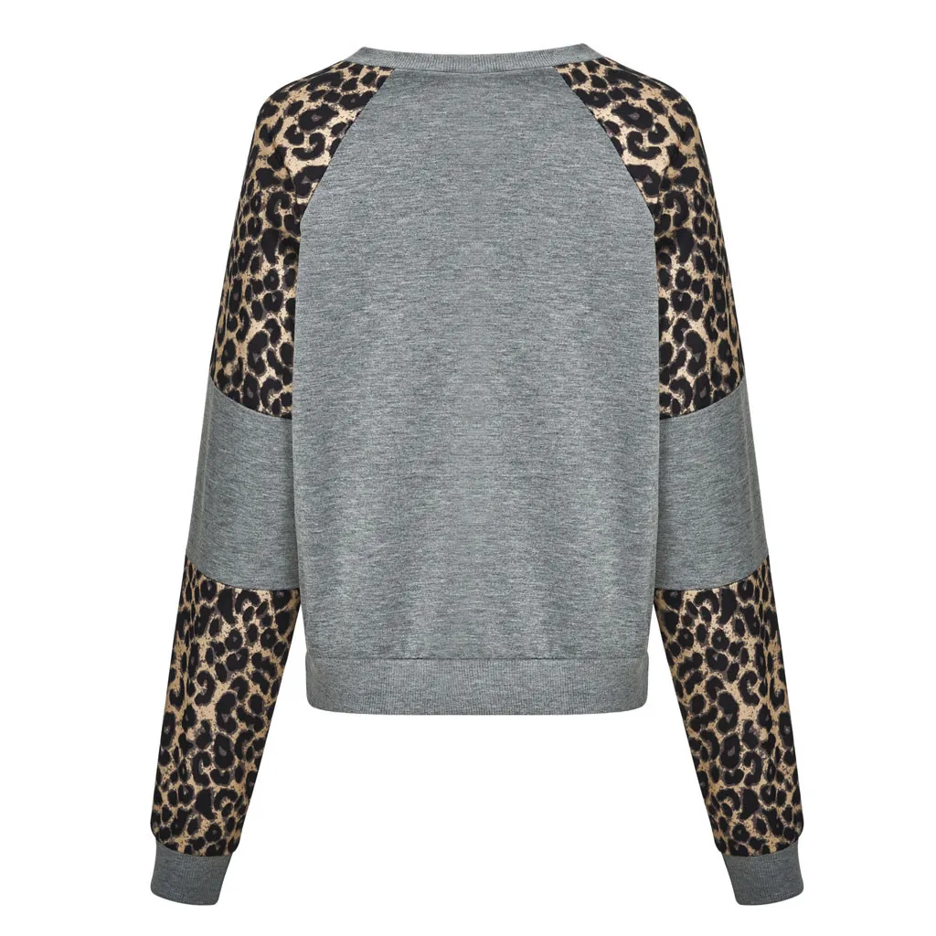 Blouse Bleu Hiver Femme O Nouveau Ciel À Casual Manteau Manches Longues marron Top Vêtements Femmes Sweat Épissage pu Pull Léopard Cou wvqTx6xZ