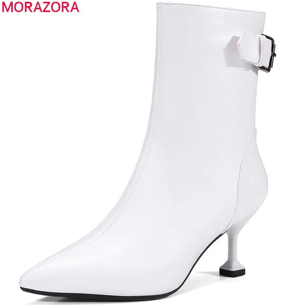 

MORAZORA black white women boots pointed toe zipper ladies genuine leather boots buckle cow leather ankle boots