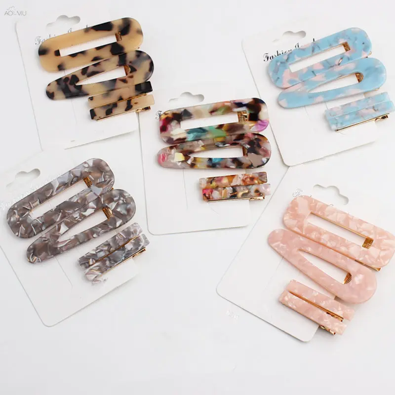 

AOMU Women Girl Japan Style Hair Clip Hollow Geometric Waterdrop Colorful Marble Textured Acetic Acid Hairpin Hair Accessories