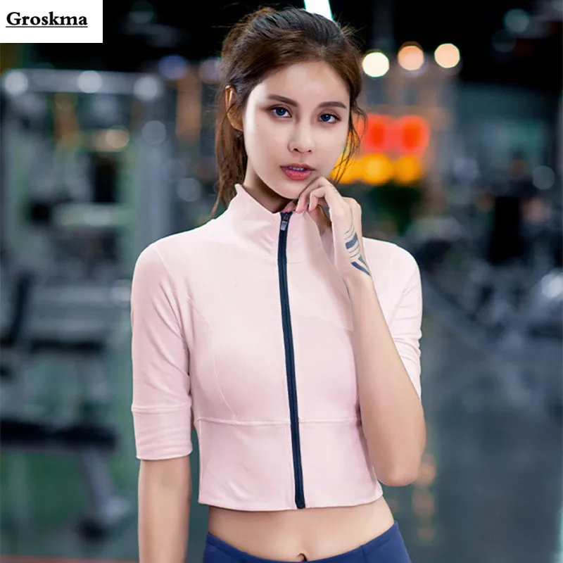 

Zipper women yoga top crop top short sleeve quick dry t shirt fitness gym 2019 summer sportswear clothing tee shirt femme