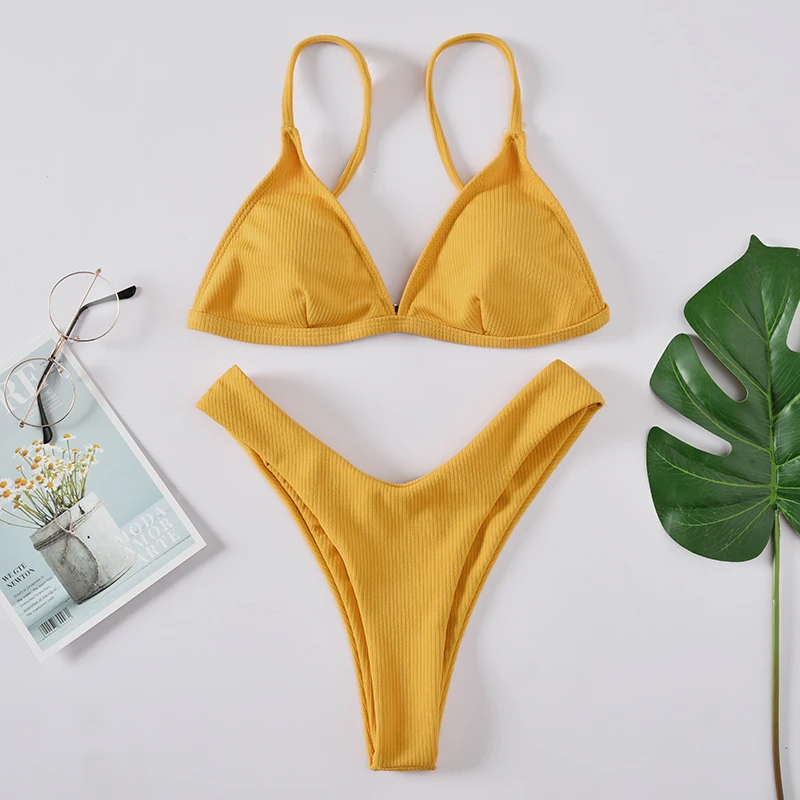 

2019 New Swimsuit Push up Women Solid Push-Up Padded Bra Beach Bikini Set Swimsuit Yellow Thong Beachwear Sexy Swimwear