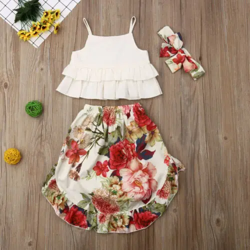

PUDCOCO Toddler Kids Baby Girl Summer Ruffle Tops Flower Dress 3PCS Outfits Sunsuit