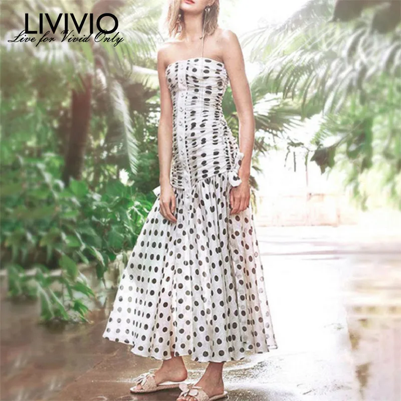 

[LIVIVIO] 2019 Summer Sexy Black Dot Long Dress Women For High Waist Lace Up Elegant Female Dress Sweet Style Fashion Clothing