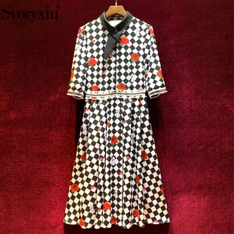 

Svoryxiu Designer Autumn Vintage Dress Women's High Quality Half Sleeve Black White Plaid Printed Fashion Midi Dress Vestdios