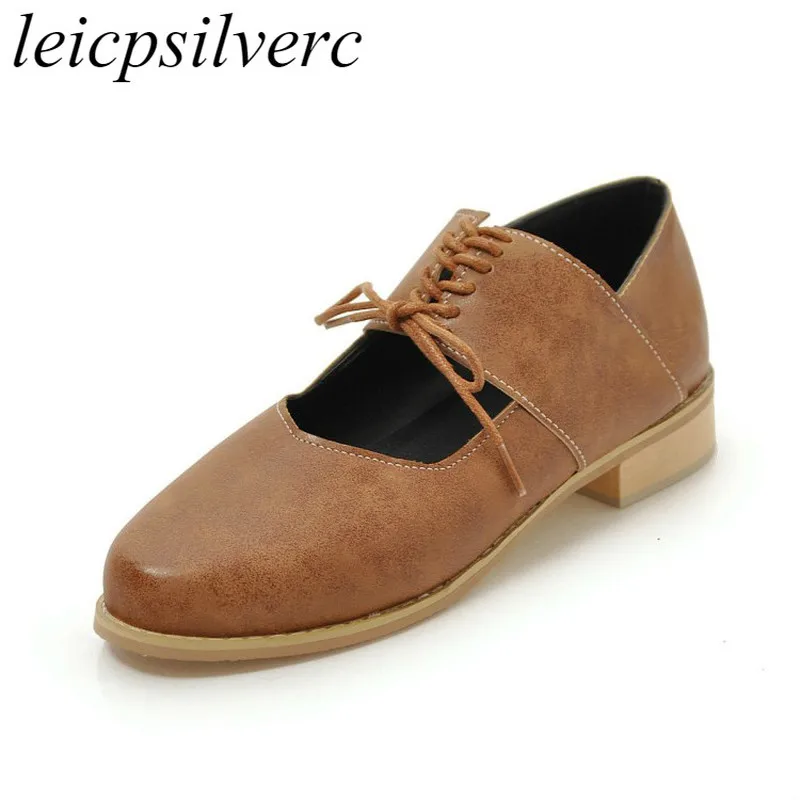 

Women Pumps Low Heels Spring Autumn Round Toe Lace Up Thick Heel Pu 2019 Sexy New Fashion Casual Black Brown Gray Big Size 34-46