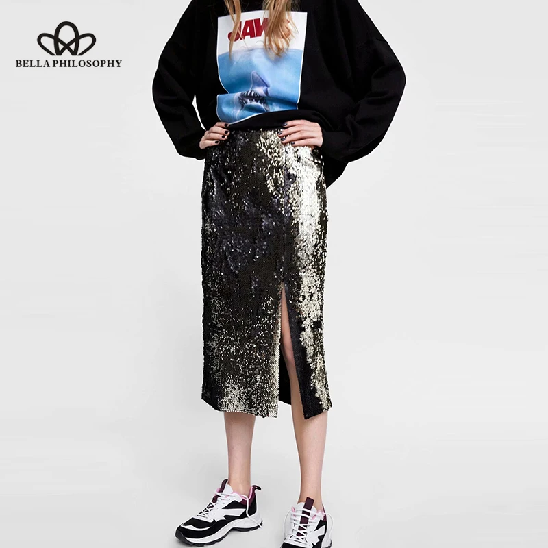 Wonder 2019 new spring Sequined Bodycon Skirt Casual High Waist Elastic Lady Pencil Skirts Sexy Split Midi Skirts Female Bottoms