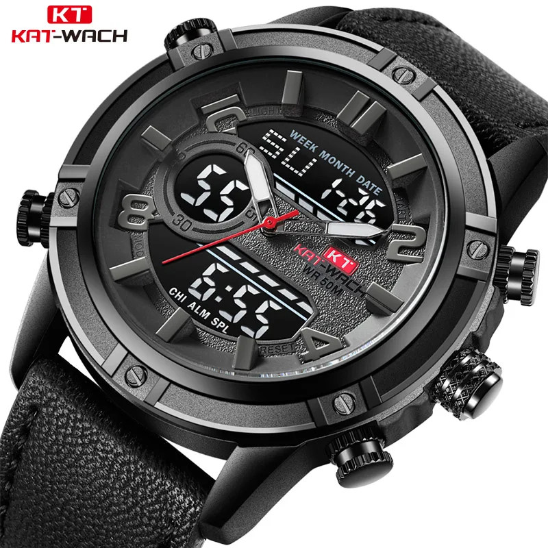 

KAT-WACH Fashion Gold Men Sport Watches Mens LED Analog Digital Watch Army Military Leather Quartz Watch Relogio Masculino