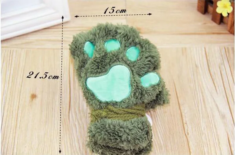 Winter cute cartoon cat girl mitt thickening fluff bear paw half finger gloves G22