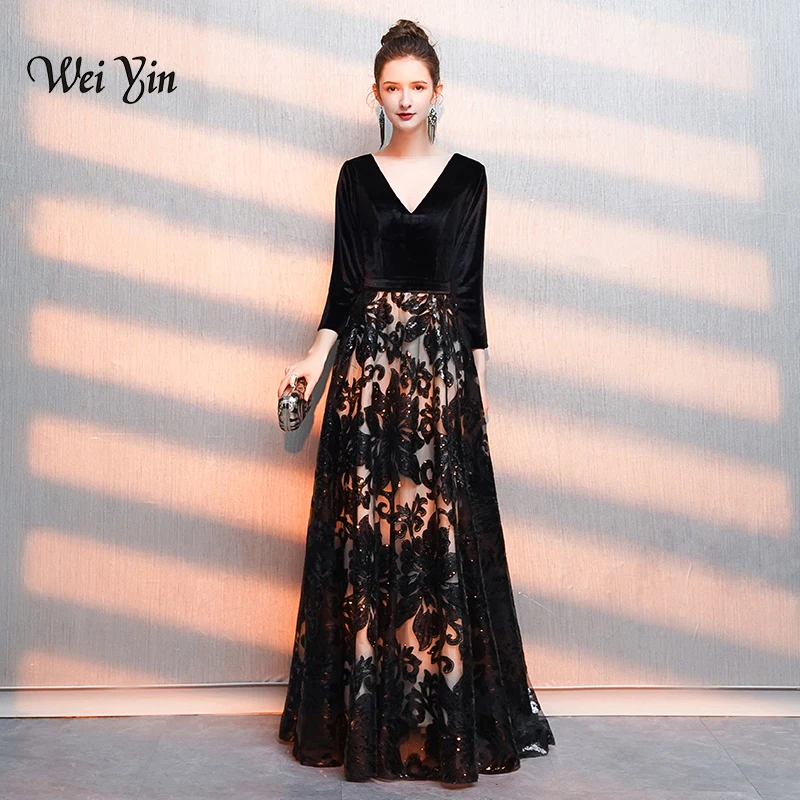 

weiyin Black Evening Dress O-Neck A-Line Floor Length Velour Custom Made Prom Dress Party Vestido Longo De Festa Gowns for Women
