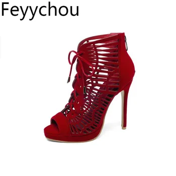 

Women's Sandals Super High Heels Pu Zip Peep Toe Thin Heels 2019 New Sexy Fashion Spring Summer Party Wedding Red Big Size34-48