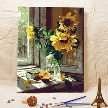 Sin marco pintura al óleo de diy Ventana alféizar de girasol pared pintura acrílica pintura de la digital regalos únicos Decoración Del Hogar