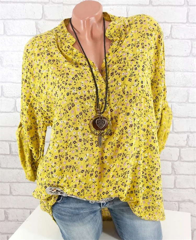 Large size Ladies Blouse spring and summer new V-neck long sleeve shirt printed loose casual Women's shirt thin section - Цвет: Цвет: желтый